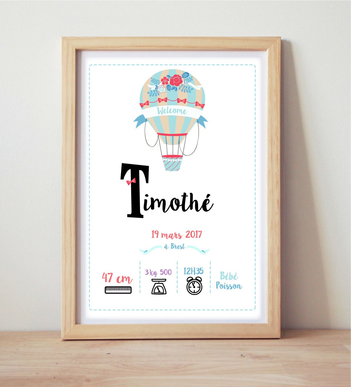 Affiche de Naissance, Affiche Chambre d'enfant, Cadeau Personalisé, Décoration Nurserie, Montgolfièr