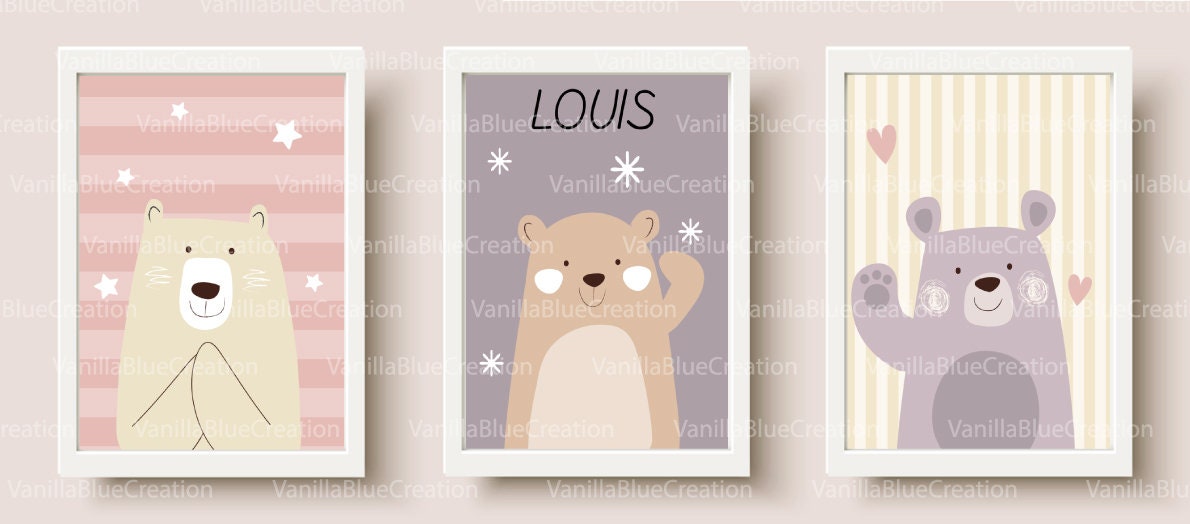 Affiches Animaux Lot de 3, Affiche Chambre d'enfant, Cadeau Naissance, à Personnaliser, Ours