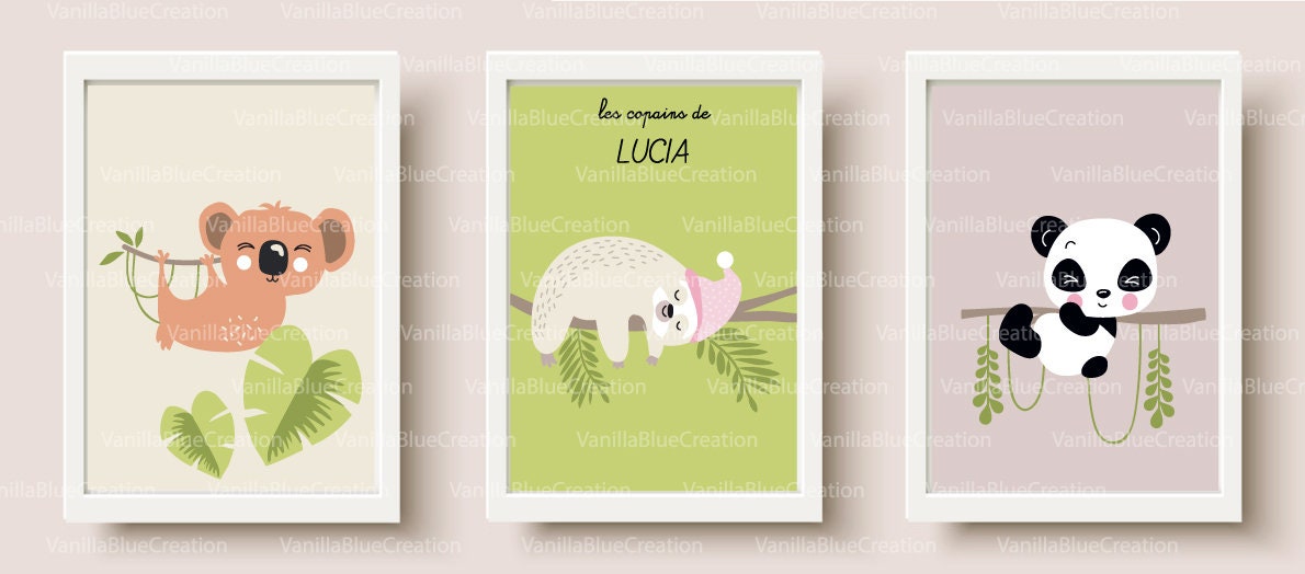 Affiches Animaux Lot de 3, Affiche Chambre d'enfant, Cadeau Naissance, à Personnaliser, Jungle