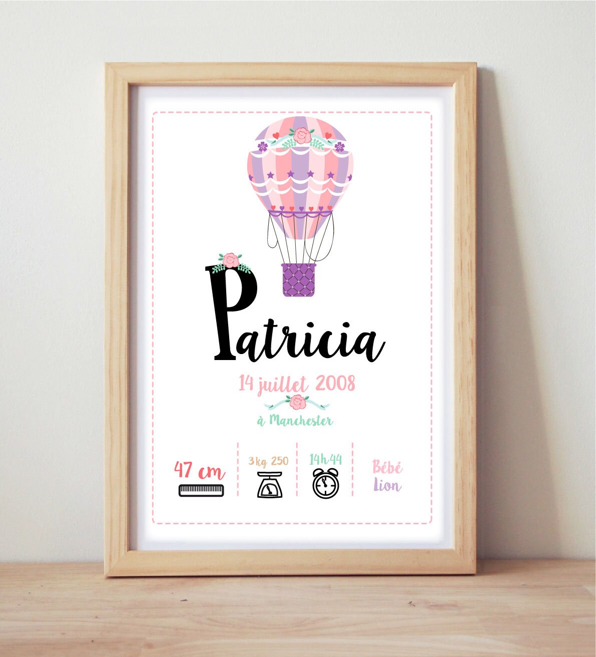 Affiche de Naissance, Affiche Chambre d'enfant, Cadeau Personalisé, Décoration Nurserie, Montgolfièr