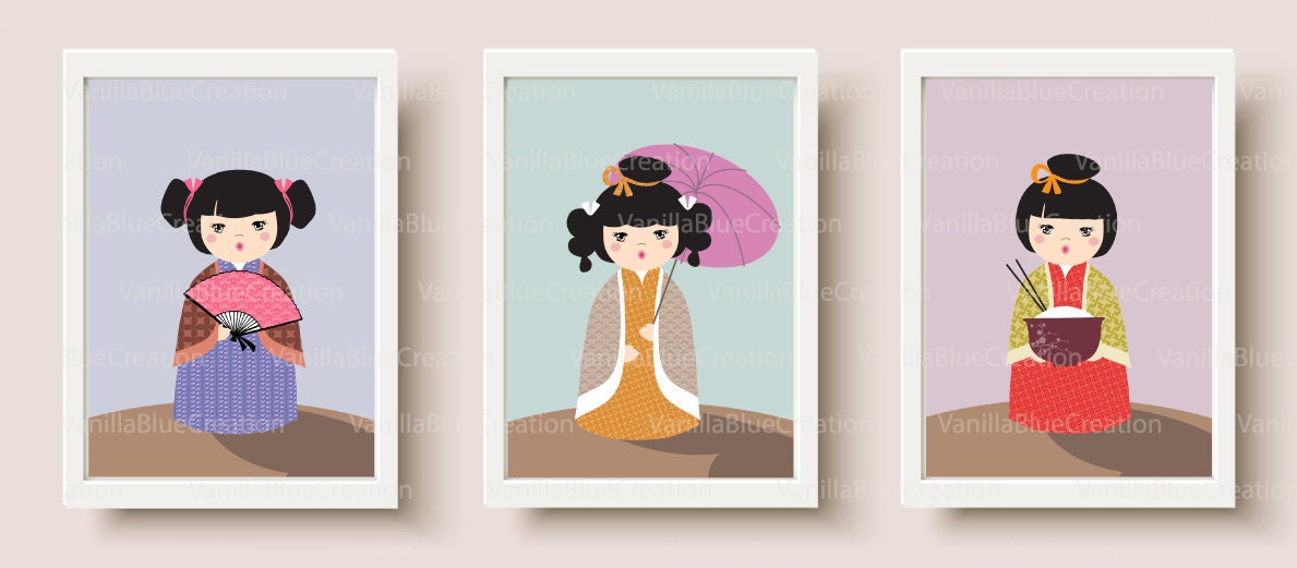 Affiches Kokeshis Lot de 3, Affiche Chambre d'enfant, Cadeau Naissance, Poster Kokeshis, Poupées Chi