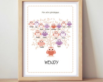 árbol genealógico, cartel del dormitorio del niño, cartel del regalo de nacimiento, 7 o 15 nombres para personalizar, cartel de la familia, cartel del búho