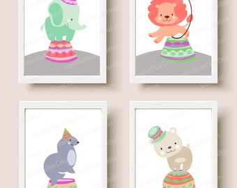 carteles de animales lote de 4, cartel de la habitación del niño, cartel de regalo de nacimiento, cartel para personalizar, cartel de animales de circo