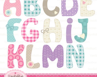 May include: A set of colorful alphabet letters with different patterned designs. The letters are in a pastel color scheme with pink, blue, green, purple, and beige. Each letter has a different pattern, including polka dots, gingham, floral, and stripes.