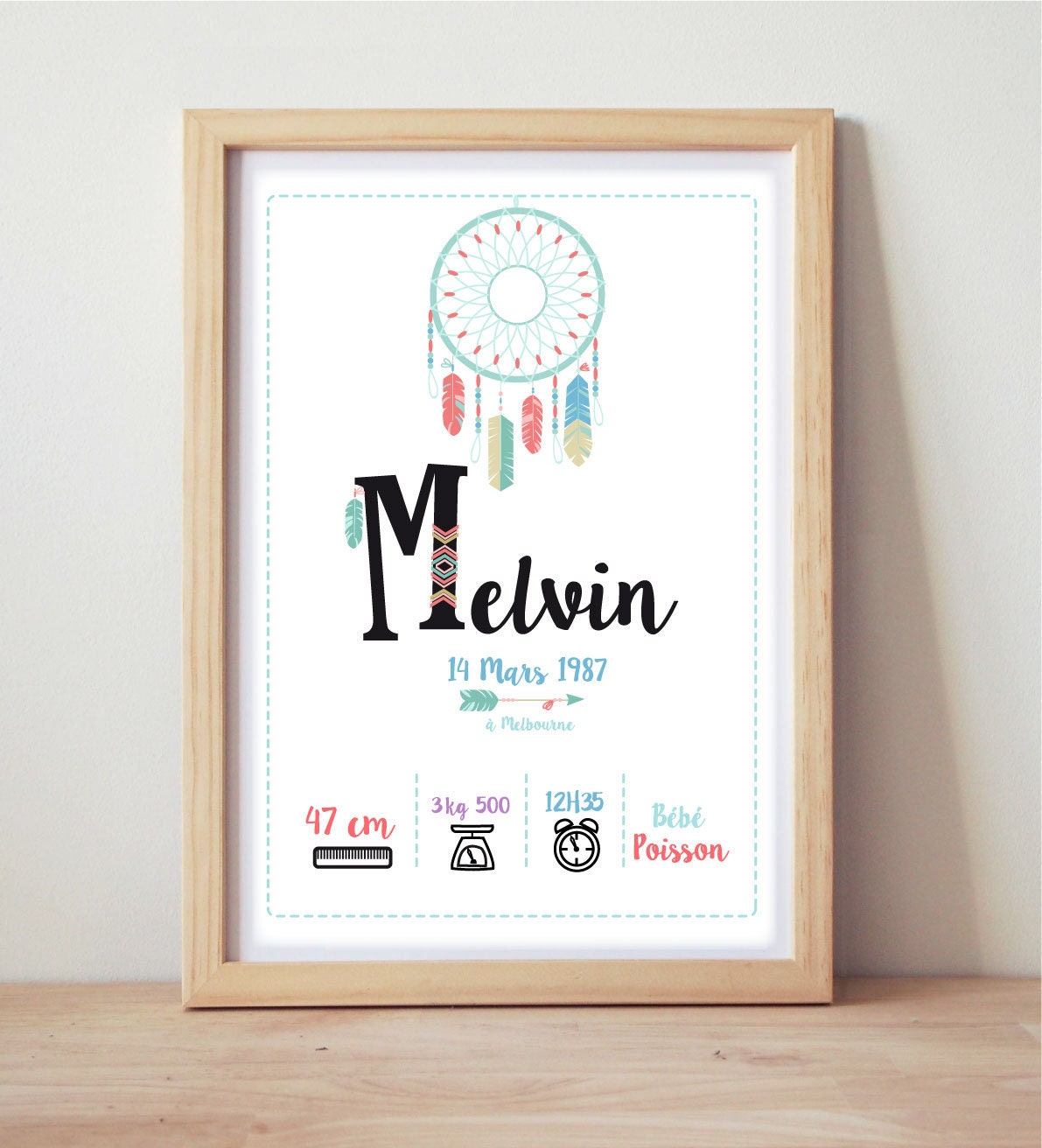 Affiche de Naissance, Affiche Chambre d'enfant, Cadeau Personalisé, Décoration Nurserie, Attrape-Rêv