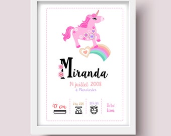 cartel de nacimiento, cartel del dormitorio del niño, cartel del regalo del nacimiento, regalo personalizado, decoración de la guardería, cartel del unicornio
