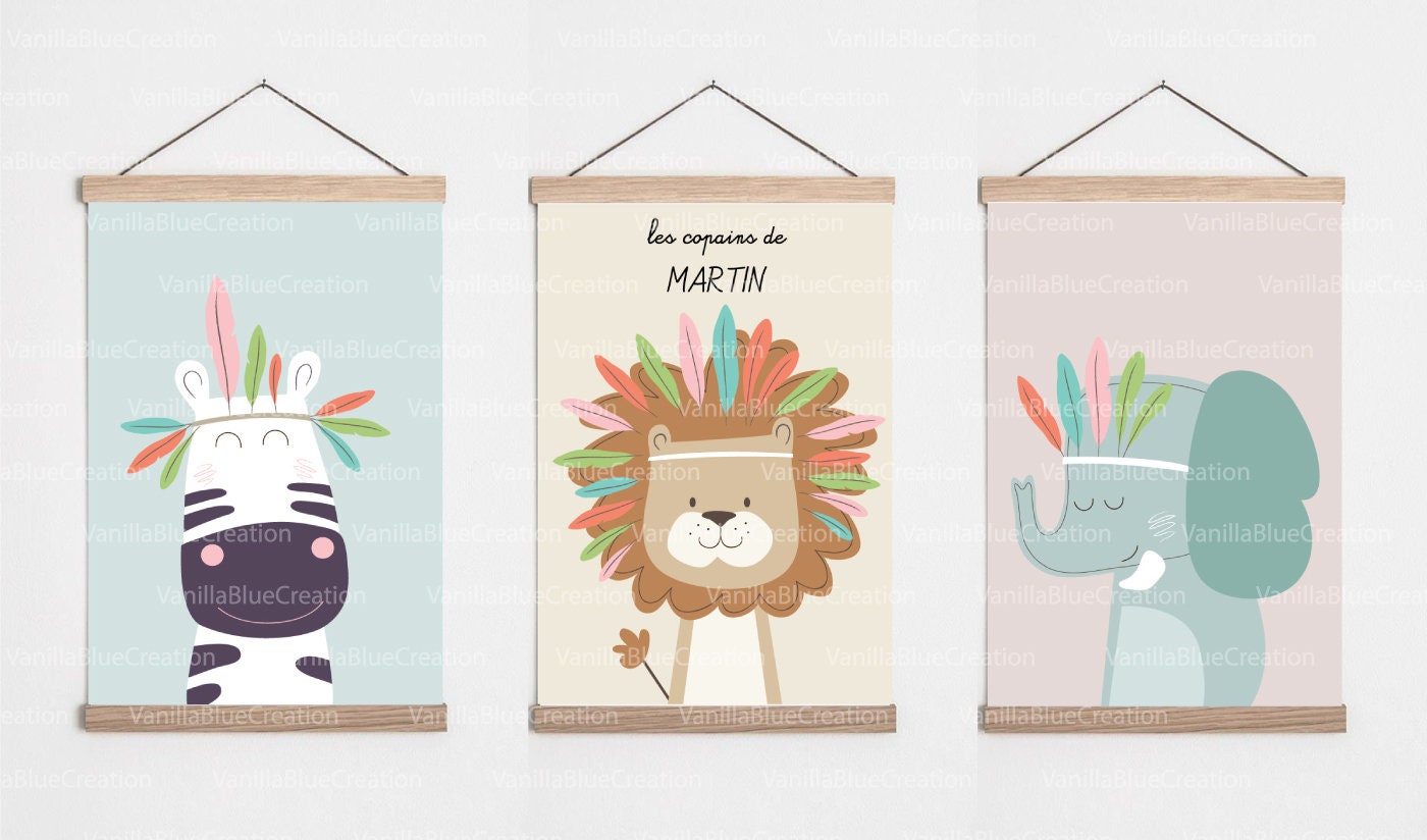 Affiches Animaux Lot de 3, Affiche Chambre d'enfant, Cadeau Naissance, à Personnaliser, Jungle