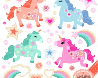 May include: A set of colorful unicorn illustrations with rainbows, stars, hearts, and flowers. The unicorns are pink, blue, and green with floral patterns. The text "VanillaBlue Creation" is at the bottom of the image.
