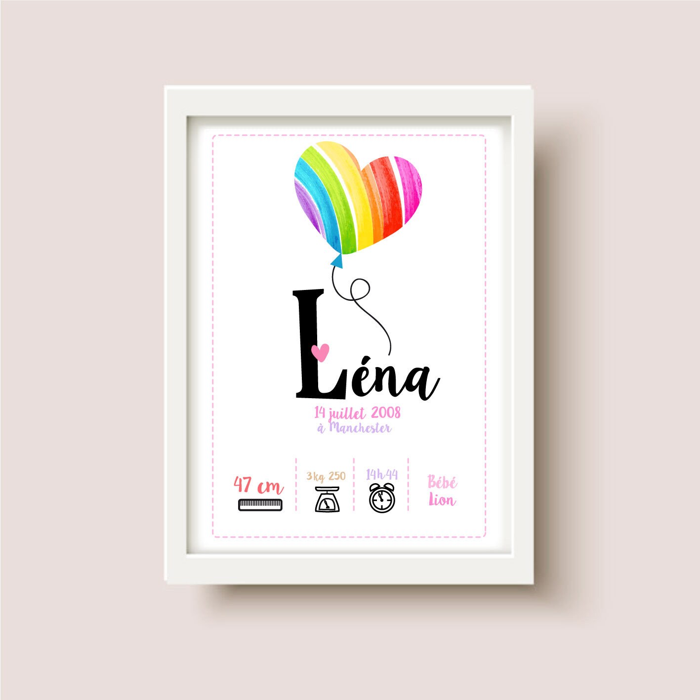 Affiche de Naissance, Affiche Chambre d'enfant, Cadeau Personalisé, Coeur Arc-En-Ciel, Déco Nurserie