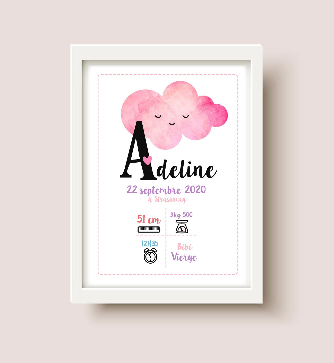 Affiche de Naissance, Affiche Chambre d'enfant, Cadeau Personalisé, Décoration Nurserie, Nuage Rose