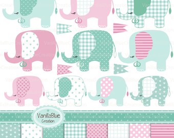 Könnte beinhalten: Ein Set digitaler Papiere und niedlicher Elefantenillustrationen in Rosa und Mintgrün mit verschiedenen Mustern, darunter Punkte, Streifen, Gingham und Herzen. Der Text "VanillaBlue Creation" ist im Bild enthalten.