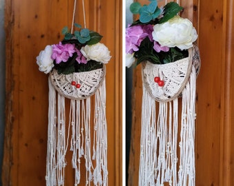 Handmade Macrame Plant Hanger with Wicker Basket, Beige Cotton