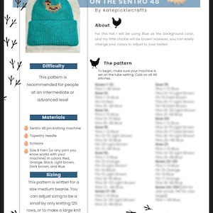May include: A knitting pattern for a chicken beanie hat on a blue background. The pattern is written for a medium beanie, but can be adjusted to be a small or large size. The pattern is recommended for intermediate or advanced knitters. The pattern includes instructions for casting on 48 stitches and using a Sentro 48 pin knitting machine.