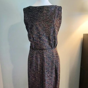 Vintage 1970&#39;s &#39;Jerrie Lurie&#39; Black Metallic Rainbow Thread Sleeveless Boat Neck Sheath Dress with Back Zipper, Size 14