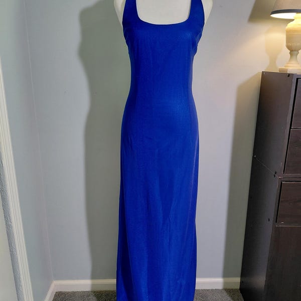 Vintage 00s y2k &#39;Jessica McClintock Gunne Sax&#39; Floor Length Blue Sleeveless Dress with Scoop Neck, Low Cross Back & Back Zipper, Size 13/14