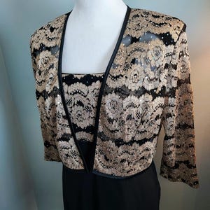 Vintage 2000's y2k 'R&M' Black and Gold Lace with Rhinestone Spaghetti Strap Dress with Flounce Hem and Jacket with 3/4 Sleeve Set, Size 12
