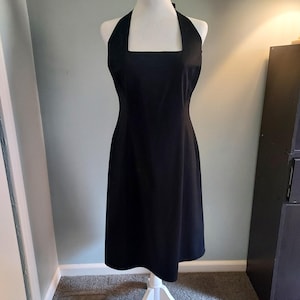 Vintage Y2K 2000&#39;s &#39;Womyn&#39; Black Square Neck Halter Mini Dress with Back Zipper and Boning, Size 6