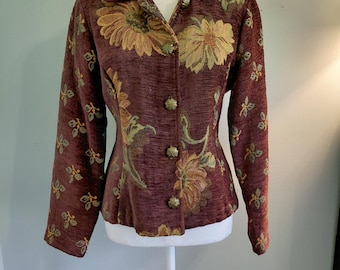 Vintage 1990s 90s 'Carol Anderson' Plum and Gold Sunflower Tapestry Blazer with Decorative gold Buttons, Size Small