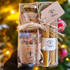 Coffret produits de la ruche, apiculteur français de haute-savoie, panier garni, producteur français, apiculteur. miel, bougie, savon...