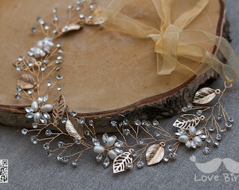 Bridal wreath, hair room, gold leaves with pearls