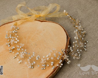 Bridal wreath hair ornament, beaded rhinestone hairband
