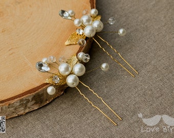 1 x Bride headdress hairpins with beaded gold