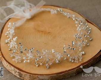 Bridal wreath hair ornament, beaded rhinestone hairband