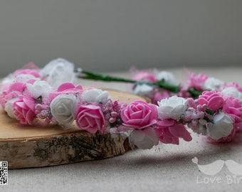 Corona de flores de novia - rosa -, corona de pelo nupcial, tocado