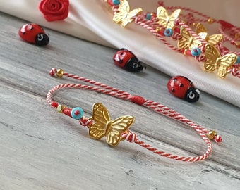 Handmade March Bracelet Love Bug with Turquoise Bead and Cotton Cord