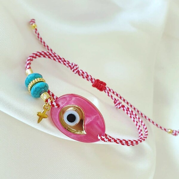 March Bracelet Evil Eye Plexiglass with Cross and Turquoise Beads in Macrame Cotton Cord