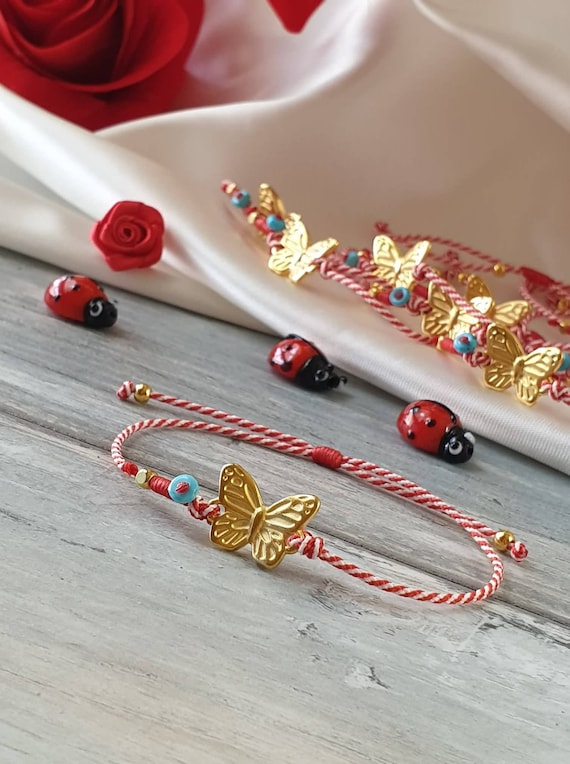 Handmade March Bracelet Love Bug With Turquoise Bead and Cotton