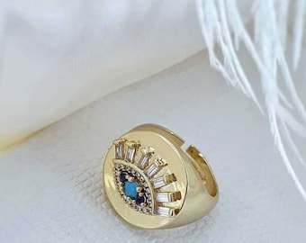 Evil Eye Ring With Zircons and Turquoise Bead