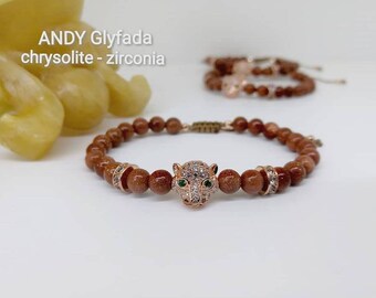 Handmade Bracelet Rose Gold Panther with Zircons and Chrysolite Semi Precious Stones.