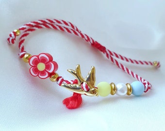 Handmade March Bracelet Swallow with Pearl and Beads Elements in Cotton Cord