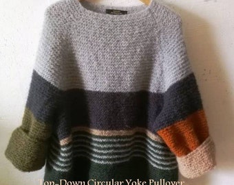 PATROON (EN) van trui met ronde juk van boven naar beneden, maat voor S (M) L (XL), strook, trui van alpaca/mohair, kleurblokken, naadloos breien