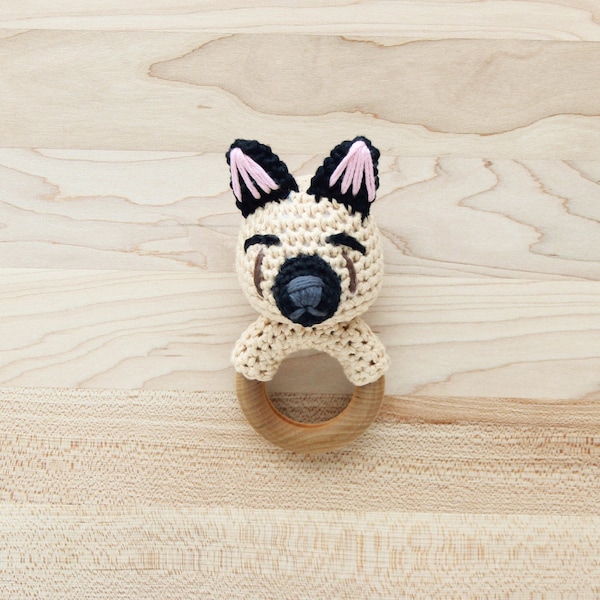 Crochet German Shepherd Dog Rattle Wooden Teether – baby toy, handmade to order