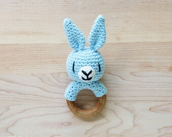 Crochet Bunny Rattle Wooden Teether – baby toy, handmade to order