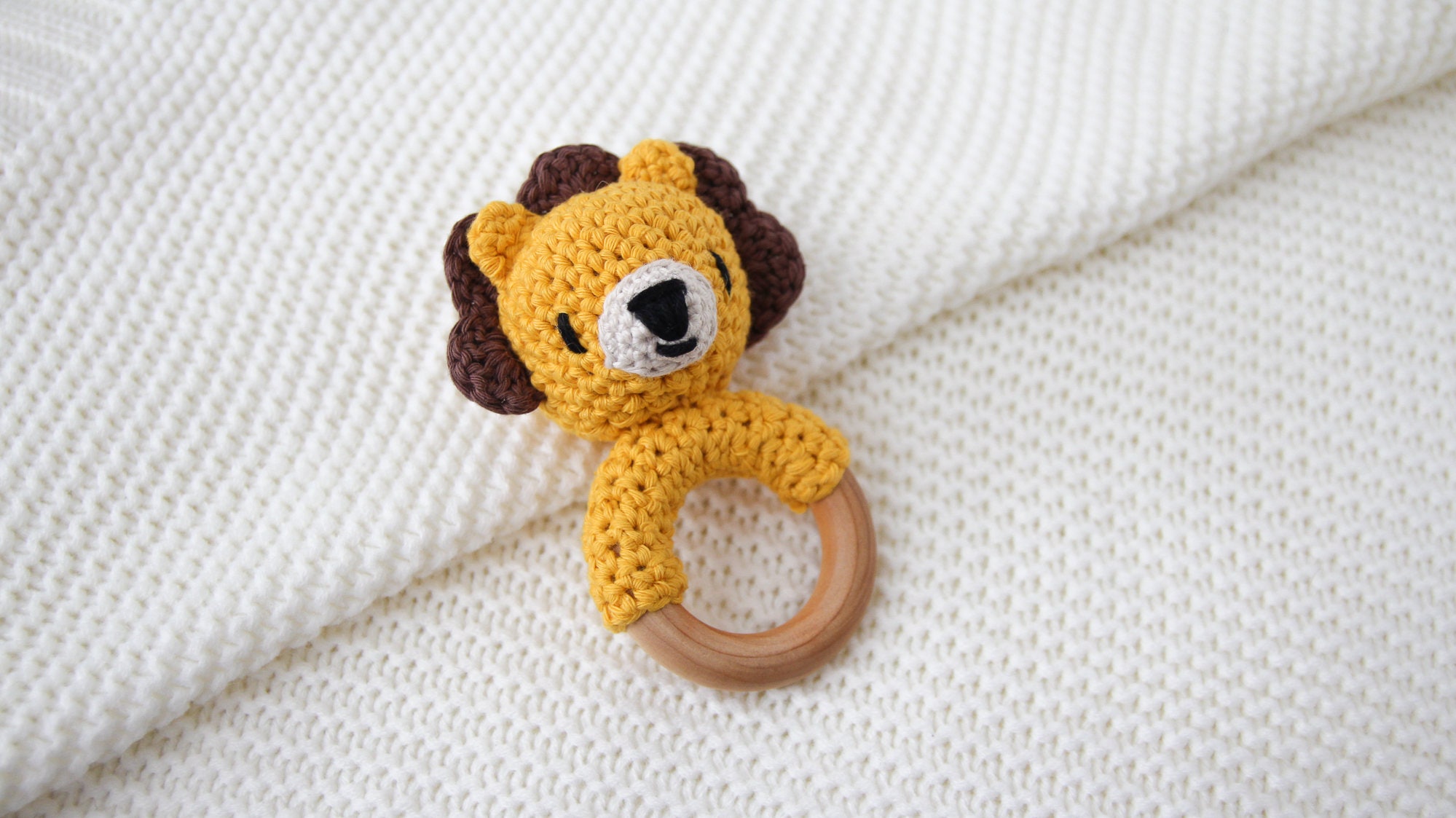 Crochet Lion Rattle Wooden Teether – Baby Toy, Handmade to Order - Etsy