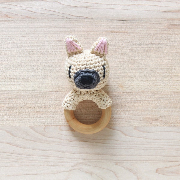 Crochet French Bulldog Assorted Colors Rattle Wooden Teether – baby toy, handmade to order