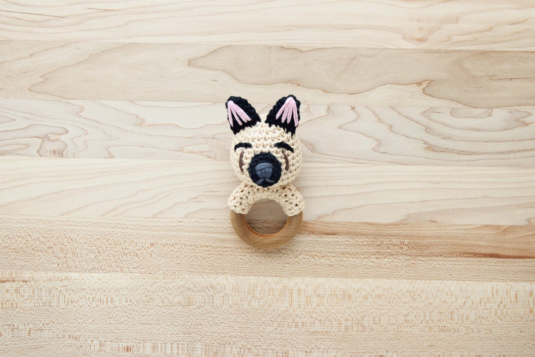 Crochet German Shepherd Dog Rattle Wooden Teether Baby Toy Etsy