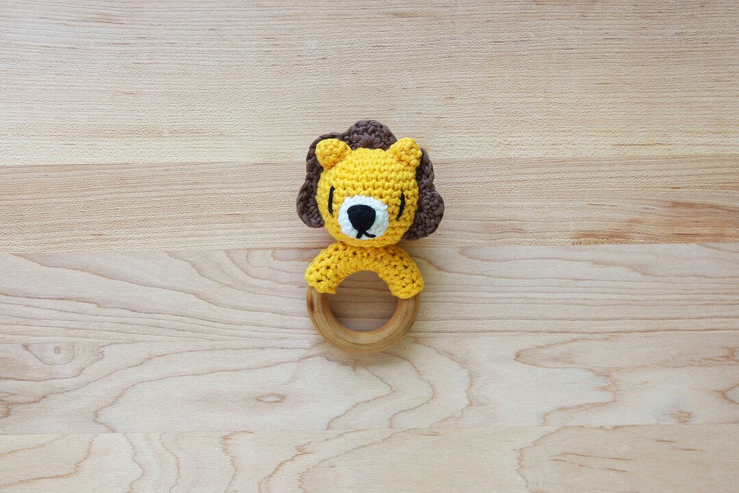 Crochet Lion Rattle Wooden Teether – Baby Toy, Handmade to Order - Etsy