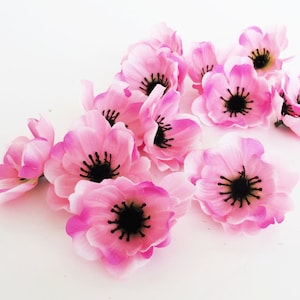 7 Little Anemones Artificial Poppy Anemone Silk Flowers Pink Black center 2.4&quot; Floral Hair Accessories Flower Supplies Faux Fabric