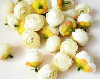 7 Mini White Ranunculus, Silk Heads Buttercup Ranunculus Artificial Silk Flower 1.2" Floral Hair Accessory Flower Supplies Mini Flowers