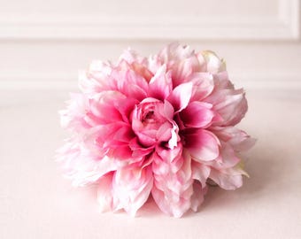 1 cabeza de flor de dalia artificial rosa y blanca: flor de dalia artificial de seda para decoración de bodas, centros de mesa, manualidades y ramos.