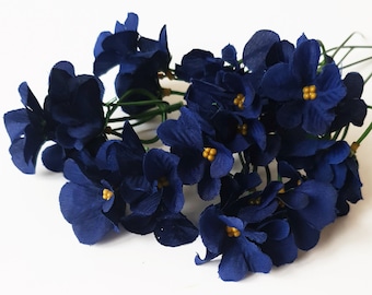 Set of 4 Small Dark Blue Violet Flower Stems, 5 Blossoms per Stem, Filler Artificial Flowers Wedding Decoration, Flower Crown Corsage Wreath