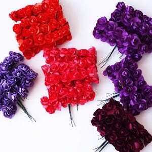 120 fiori di carta di gelso rosa aperti da 20 mm, rose, rosa, arancioni, bordeaux, viola, rose con steli, forniture per fiori, finti fiori fai da te per matrimoni