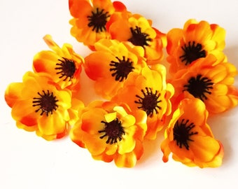 Mini anémones jaune orange 10 fleurs de soie artificielles coquelicots centre marron 2,4 pouces accessoires pour cheveux floraux Fournitures de fleurs faux tissu