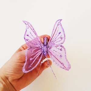 1 farfalla con clip, farfalla finta artificiale viola, farfalla lucida e lucida, decorazione per torte, decorazione per la cameretta dei bambini, fornitura per artigianato