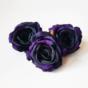 1 Black Purple  Rose Head, Artificial Silk Flower, Black Rose measuring 3.7&quot; Floral Hair Accessories Flower Supplies Faux Fake DIY Wedding