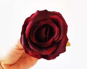 1 Burgundy Rose Blossom - Artificial Silk Flower, Dark Red Rose,  Rose in Red, Floral Hair Accessories Flower Supplies Faux Fake DIY Wedding